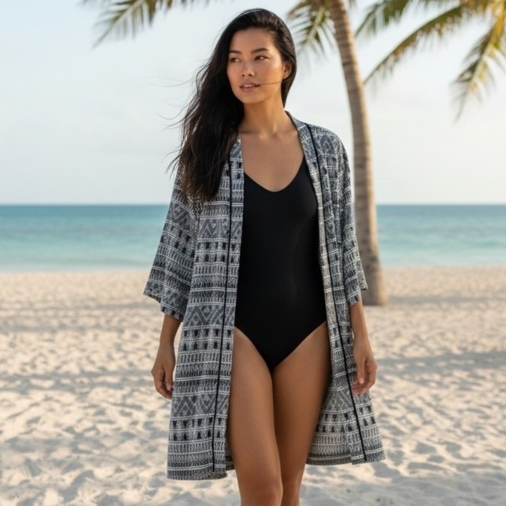 ROZ & ALI Women's XL Black White Geometric Print Kimono Cardigan